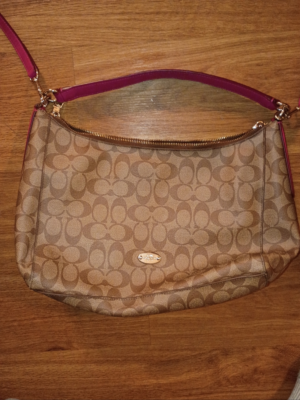 Signature Monogram Shoulder Bag in Brown with Pink Trim
